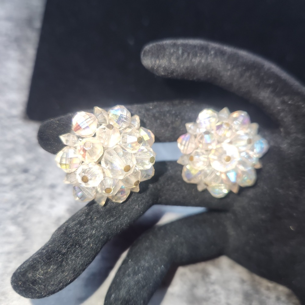 Vintage Aurora Borealis AB Crystal Bead Cluster Clip‎ On Earrings Iridescent